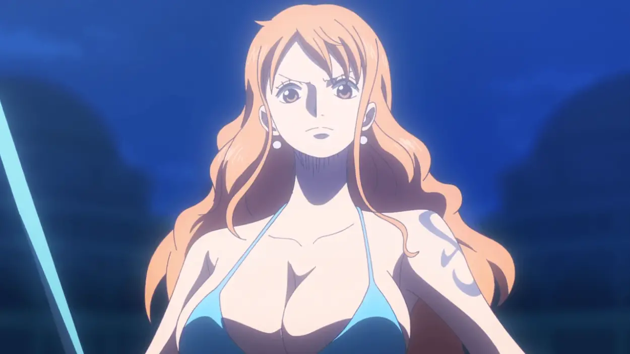Nami is a slim young woman and Cute Anime girl of average height with orang...