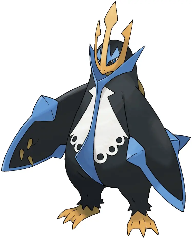 Empoleon is a large, navy blue, penguin-like Bird Pokemon. 