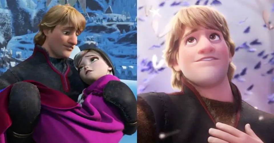 Side by side images of Kristoff from Frozen holding Anna and looking up with his hand on his chest