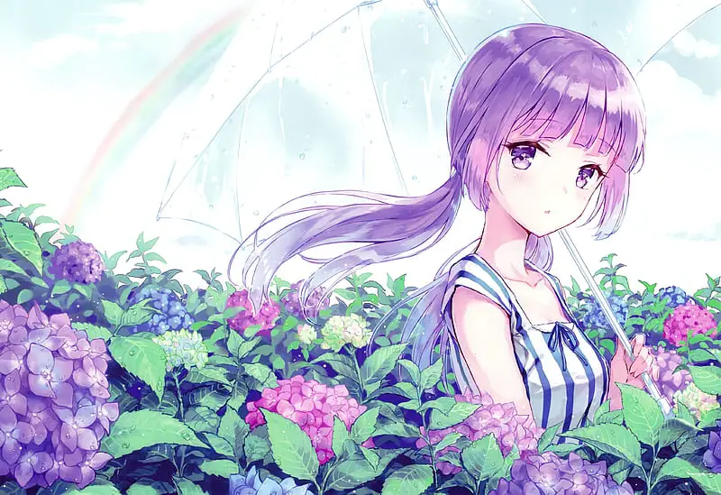 HD wallpaper anime girl purple hair flowers umbrella anime