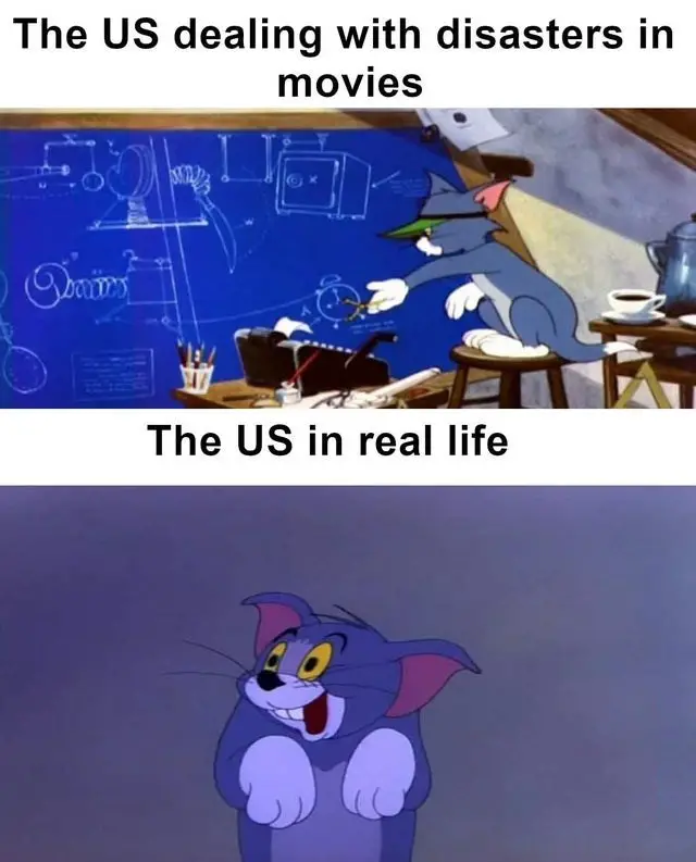 funny meme depicting how the us poorly handles disasters using tom from tom and jerry 1