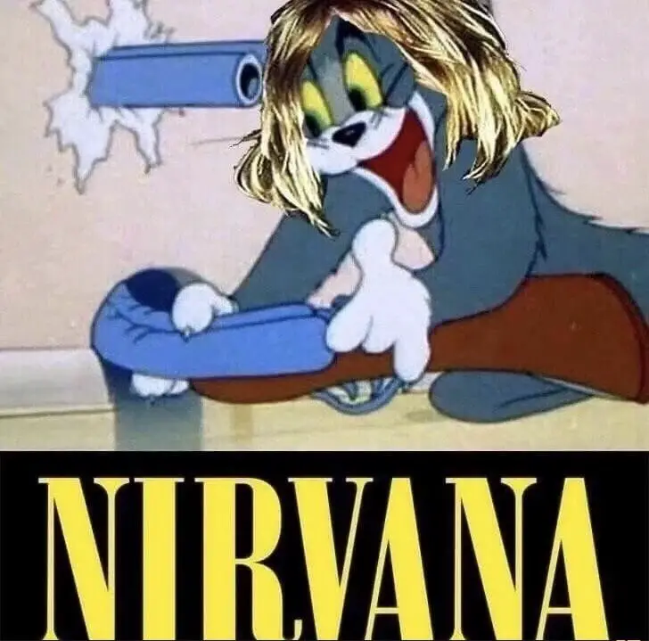 himself text reads nirvana and the cat is made to look like frontman kurt cobain who killed himself