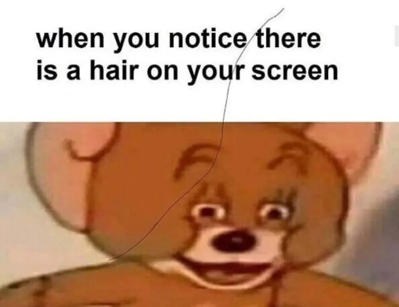 there is a hair on your screen above an image of jerry from tom and jerry and a hair on the screen